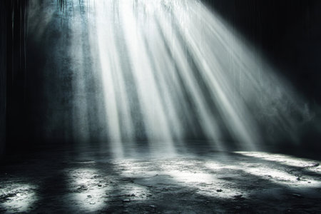 Rays of light break through darkness in a misty room, creating an ethereal and dramatic atmosphere.の写真素材