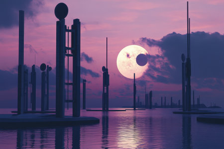 A colorful sunset illuminates the sky as a striking moon reflects on calm waters, surrounded by tall structures.の写真素材