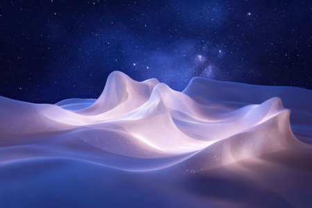 Soft, undulating waves create a dreamlike ambiance beneath a luminous night sky filled with stars.の写真素材
