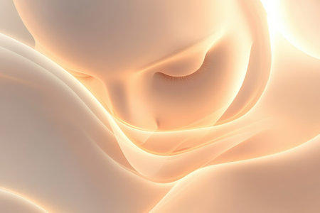 A tranquil face softly emerges from flowing, luminous forms, creating an atmosphere of peacefulness.の写真素材