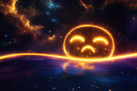 A glowing sad sun emerges from a dark ocean, surrounded by cosmic colors and starry sky elements.の写真素材