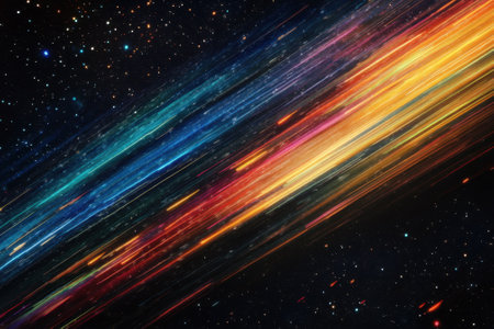 Bright colors streak across the dark expanse of space, illustrating the dynamism of cosmic elements and energy.の写真素材