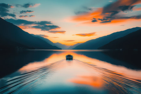 A boat navigates gently across a serene lake, reflecting vibrant sunset colors surrounded by mountains.の写真素材