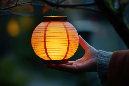 Glowing paper lantern is held gently in hand during twilight, casting a warm light amidst nature.の写真素材