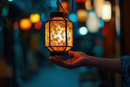 A hand presents a glowing, ornate lantern amidst colorful lights in a lively market at dusk.の写真素材