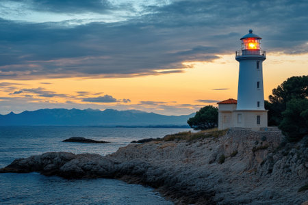 A lighthouse stands tall on a rocky coastline, illuminated as the sun sets behind distant mountains.の写真素材