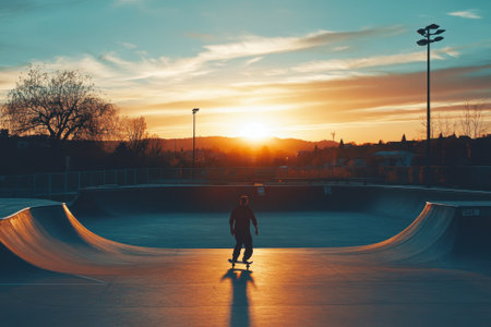 A skater performs tricks at a skatepark during sunset, casting long shadows on the ramps.の写真素材