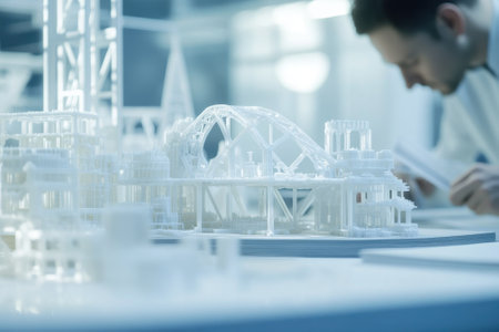 A designer meticulously works on a detailed architectural model in a well-lit studio.の写真素材