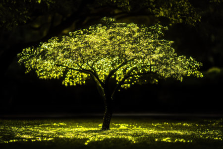 A vibrant tree is lit up, casting a soft glow on the ground, creating a tranquil nighttime ambiance for viewers.の写真素材