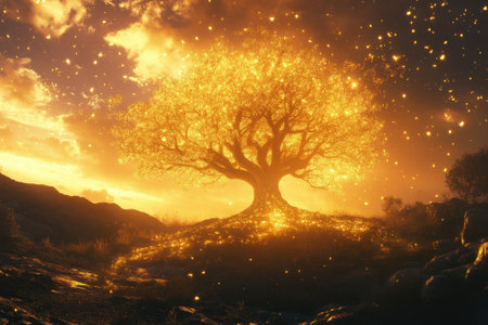 A glowing tree shines golden against a stunning sunset, surrounded by shimmering particles in a tranquil scene.の写真素材