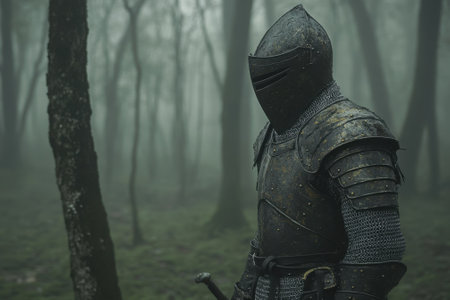 A lone knight dressed in dark armor stands silently in a fog-covered forest, evoking a sense of mystery.の写真素材