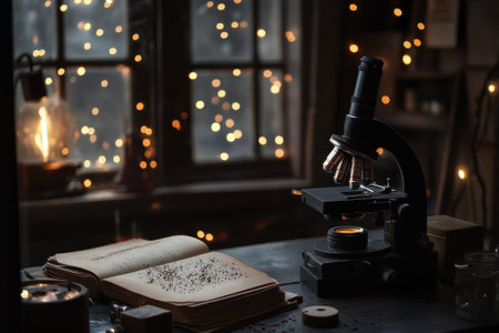 In a quaint laboratory, a microscope sits next to an open book filled with illustrations, illuminated by warm light.の写真素材