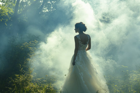 A bride stands in a lush forest filled with ethereal smoke, capturing a magical, tranquil atmosphere.の写真素材