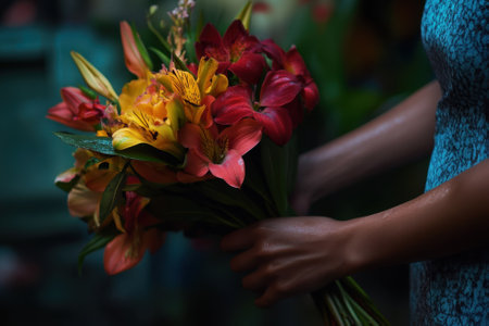A person gently holds a vibrant bouquet of flowers featuring reds and yellows in a tranquil environment.の写真素材