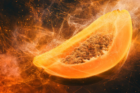 A half slice of papaya emits glowing orange hues, surrounded by swirling lights and textures in a dark setting.の写真素材
