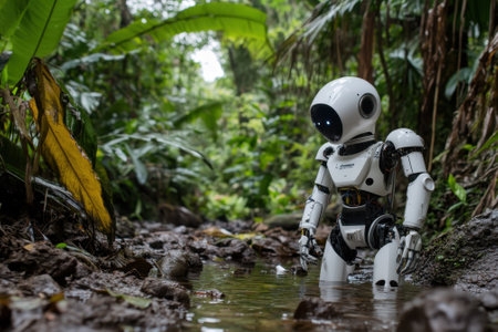 A small robot wades through a shallow stream in a dense jungle, surrounded by rich greenery and sunlight.の写真素材