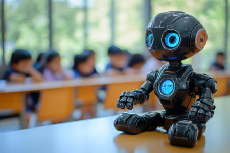 A small robot sits on a table, captivating students with its interactive features in a classroom setting.の写真素材