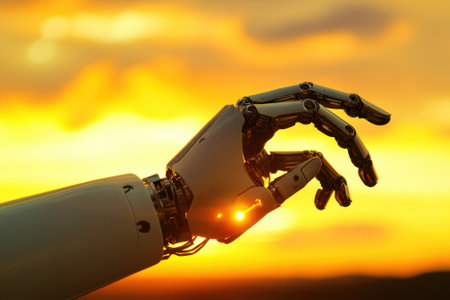 A robotic hand extends toward a stunning sunset, showing intricate design and glowing details against the sky.の写真素材