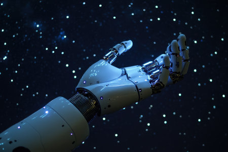 A robotic hand extends gracefully as if interacting with a starry sky. The background reveals sparkling stars.の写真素材