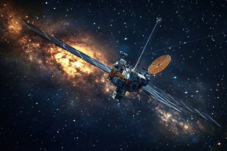 A satellite orbits through the cosmos, capturing stunning views of a vibrant spiral galaxy.の写真素材