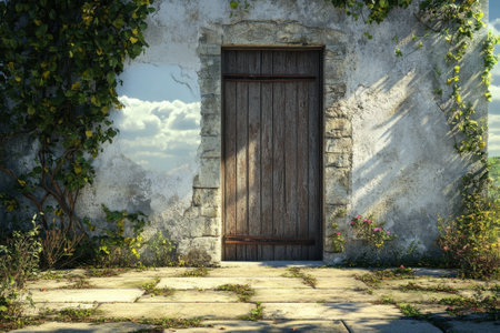 Weathered wooden door surrounded by lush greenery and old stone wall under a partly cloudy sky.の写真素材