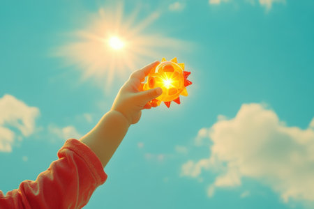 A child joyfully raises a colorful sun toy toward the bright sun in a vibrant blue sky filled with clouds.の写真素材