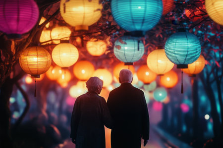 Couples walk hand in hand under glowing lanterns, enjoying a peaceful evening in a beautiful garden setting.の写真素材