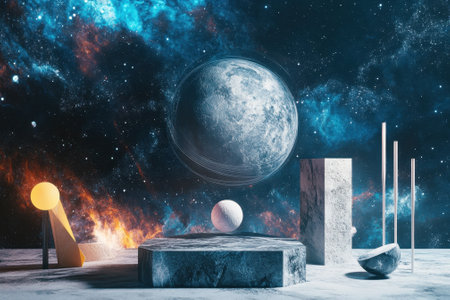 A cosmic scene showcases a large moon, colorful nebula, and abstract geometric structures on a surreal landscape.の写真素材