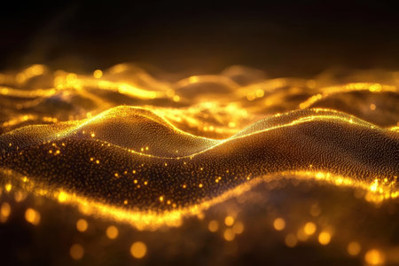 Golden patterns flow and shimmer in a wave-like formation, creating a captivating and luminous effect.の写真素材