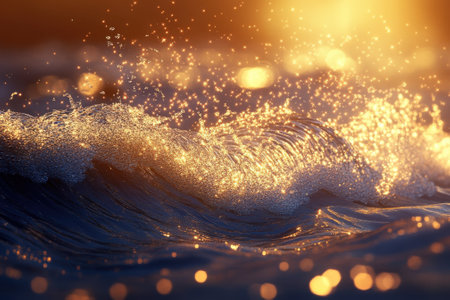 Waves dance under the warm glow of a sunset, scattering light and forming sparkling droplets on the surface.の写真素材