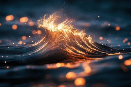A vibrant wave rises dramatically from the ocean, glowing with warm hues against the darkening sky.の写真素材