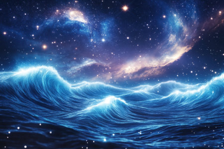 Bright waves crash under a stunning night sky filled with stars and galaxies, blending ocean and cosmos.の写真素材