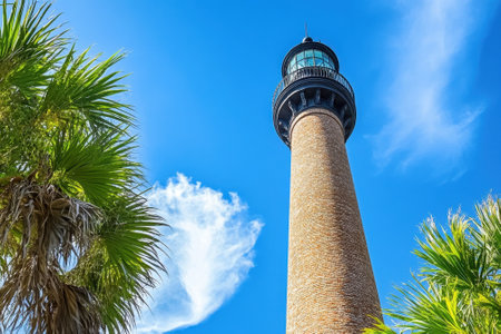 A tall lighthouse surrounded by lush palm trees under a clear blue sky showcases a sunny day.の写真素材