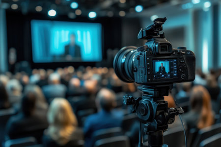 A camera is focused on a speaker at a conference, showing audience engagement in a modern auditorium.の写真素材