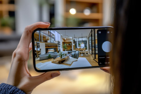 A person uses a smartphone to photograph a contemporary living room filled with stylish furniture.の写真素材