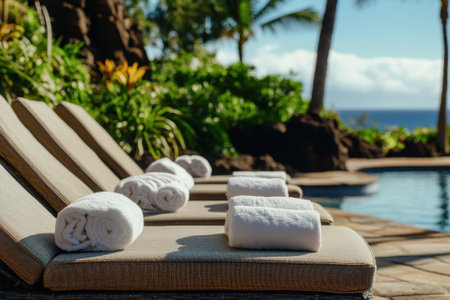 Luxurious loungers with rolled towels await visitors at a tranquil poolside surrounded by lush greenery.の写真素材