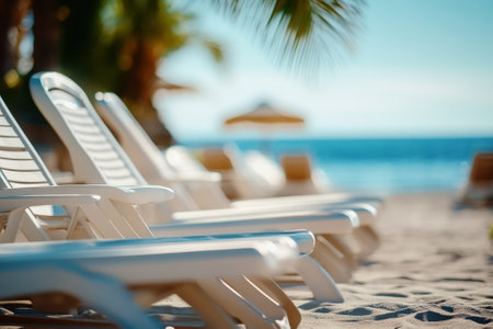 White loungers arranged on sandy beach under clear skies and swaying palm trees, inviting relaxation.の写真素材