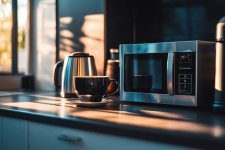 A sleek kitchen countertop shows a microwave and kettle next to a steaming cup of coffee, bathed in morning light.の写真素材