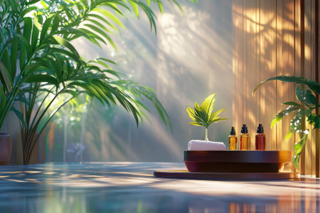 A calming spa setting features essential oils on a wooden tray illuminated by soft, natural light through plants.の写真素材