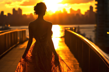 A woman in a flowing dress strolls across a sunlit bridge as the city skyline glows at sunset.の写真素材