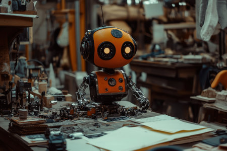 A small orange and black robot crafts in a cluttered workshop full of tools and materials.の写真素材