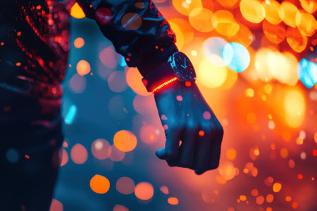 A wristwatch shines with bright colors against the blurred backdrop of city lights at night.の写真素材