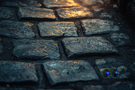 A glistening cobblestone pathway reflects light after a recent rain in a quiet, charming village.の写真素材