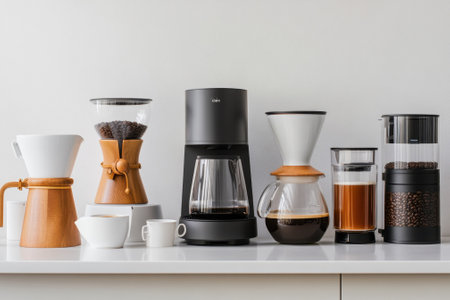 Various coffee brewing devices and tools arranged on a kitchen counter, showcasing unique designs and functionality.の写真素材