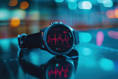 The timepiece shows a heart rate pattern, illuminated by colorful lights, resting on a glossy surface at night.の写真素材