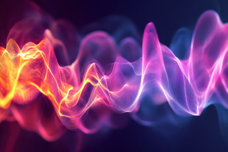 Swirling patterns of light and color create dynamic waves, depicting energy in vivid shades of pink, orange, and blue.の写真素材