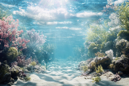 Colorful corals and marine plants thrive in a calm underwater environment illuminated by sunlight.の写真素材