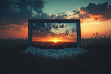 A vibrant sunset lights up the sky, framed by a wooden structure next to a soft bed in a grassy field.の写真素材