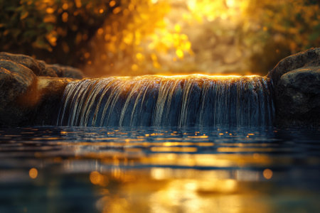 A serene waterfall flows into a calm pond, illuminated by warm golden light from surrounding autumn leaves.の写真素材