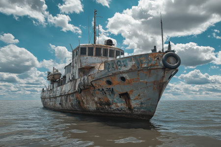 An old, rusty fishing boat sits in tranquil waters, surrounded by fluffy clouds in the sky.の写真素材